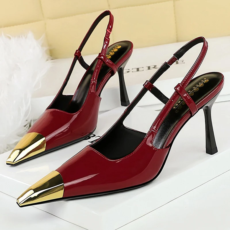 Sommer Damen Sandalen Leopardenmuster High Heels Metall spitze Spitze Hochhackige Sandalen Hinten leer Hinterer Riemen Stiletto Heels Lady