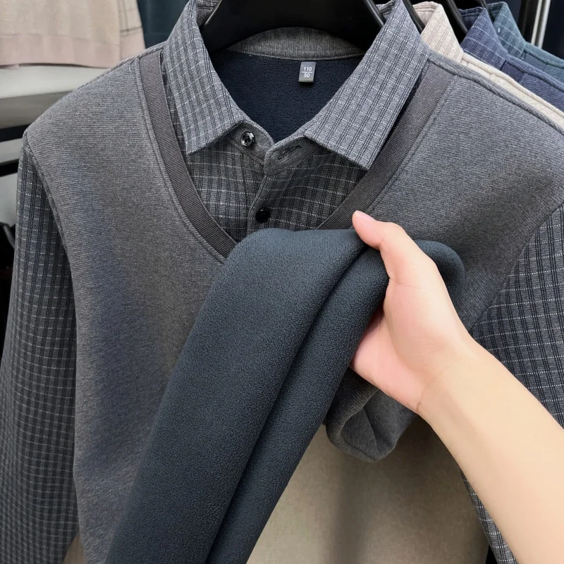 men's autumn winter high quality fleece-lined long sleeves pullover round neck keep warm false two-piece leisure men's clothing