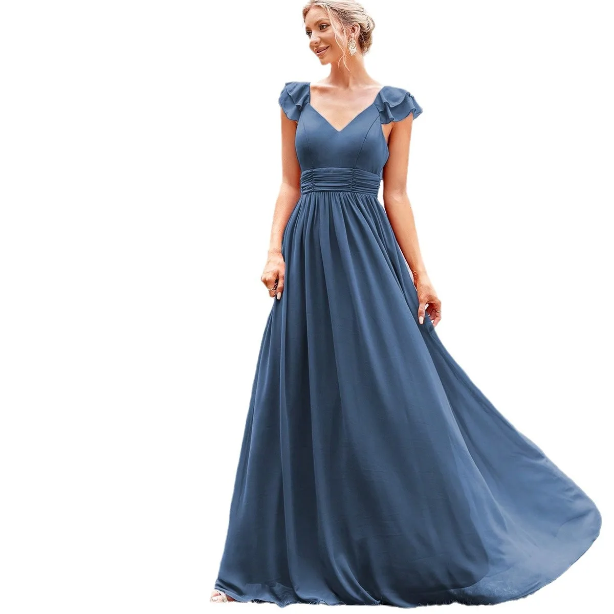 

Chiffon Double V-neck Ruffles Ruched Long Formal Bridesmaid Dress Blue