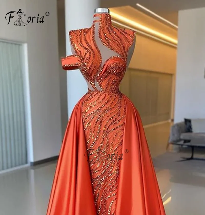 Luxury Sequined Beads Dubai Mermaid Evening Dresses Couture Orange Long Overskirt Party Prom Gown Formal Special robe de soirée