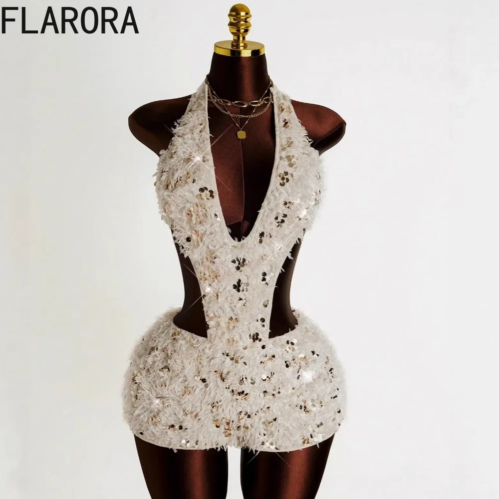 

FLARORA Элегантный меховой комбинезон с вырезами для женщин, сексуальный, модный, с пайетками, на бретельках, без рукавов, с открытой спиной, облегающий, для вечеринок и клубов