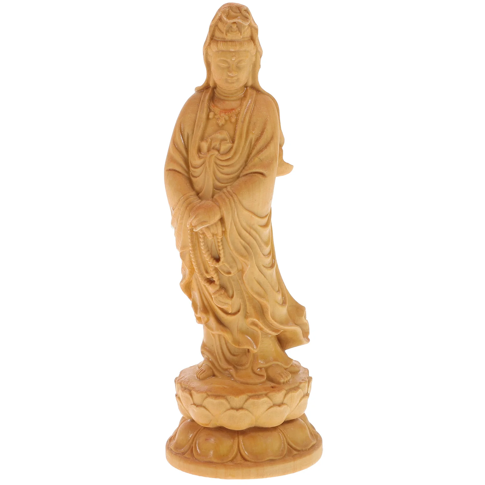 Figure Statue Ornament Buddha Decor for Home Wooden Delicate Desktop Carving Quan Yin Sacrificing Boxwood