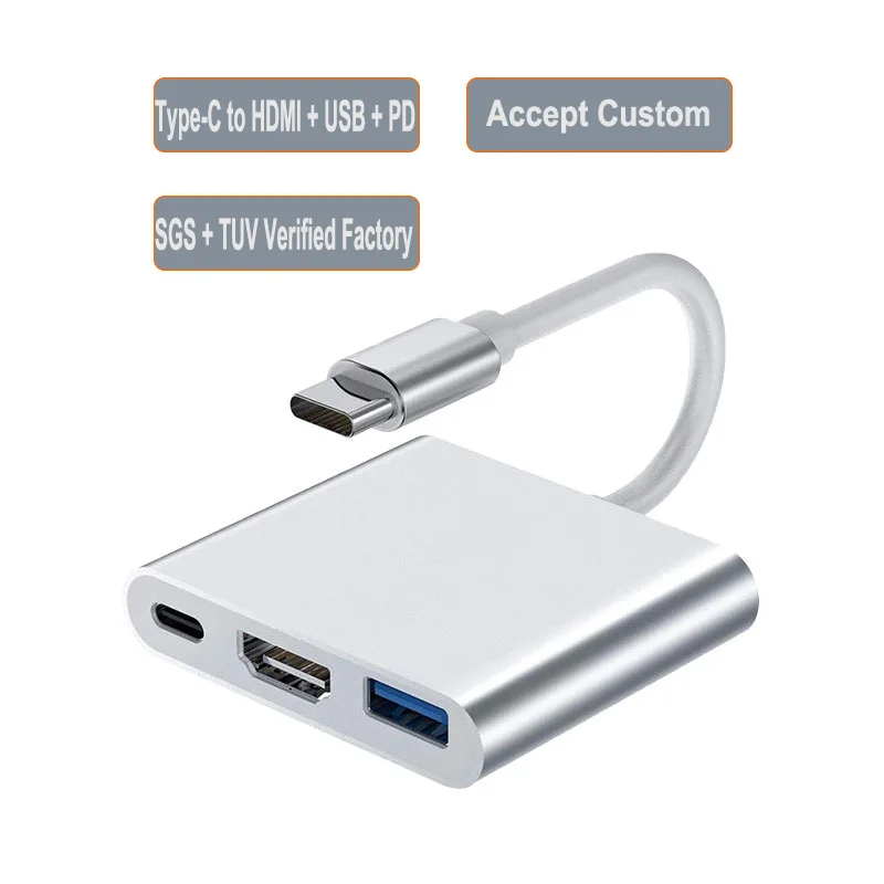 10PCS 4K Aluminum Alloy 3-in-1 Multi-Function USB-C Hub Adapter With HDMI USB 3.0 USB-C Charging Port For Laptop Tablet And Smar
