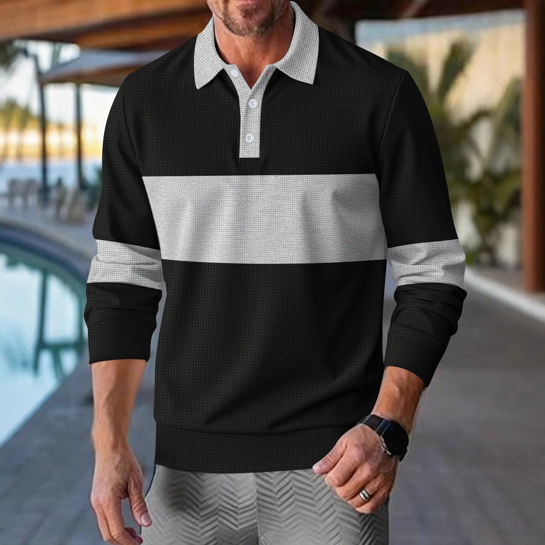 

Spring Autumn Men's New Style Breathable and Comfortable Polo Shirt, Trendy Color Combination Casual Sports Long-Sleeved Golf Sh