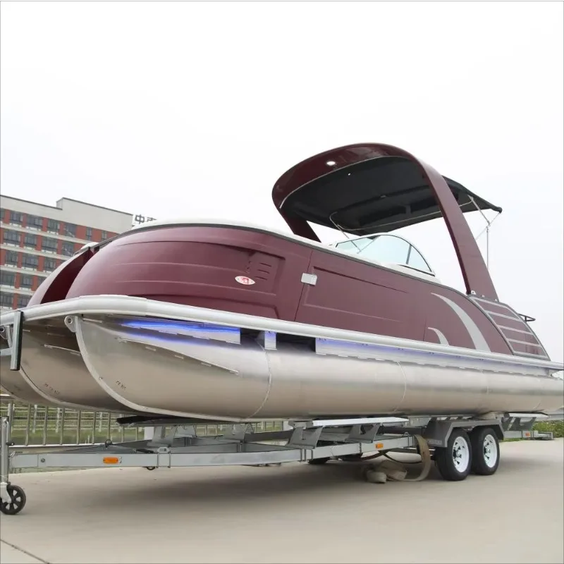 Customized 27ft Aluminium Sport Pontoon Drifting Boat for Outdoor Surfing Fiberglass Fishing Boat Outboard Welded Engine Sale