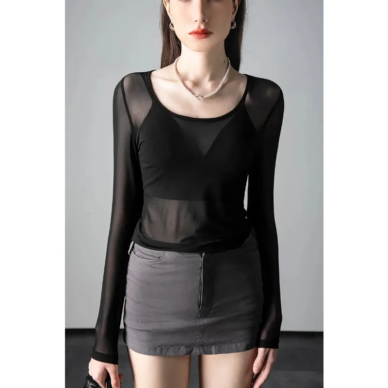 

Черный сетчатый топ, спортивная рубашка для йоги, топ с длинными рукавами