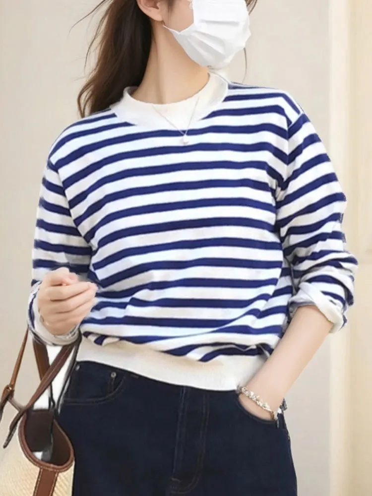 

Unique Loose Long Sve round Ne Stripe Base irt Inner Wear Lazy Sle Casual Comfortable Korean Version plus Size Top