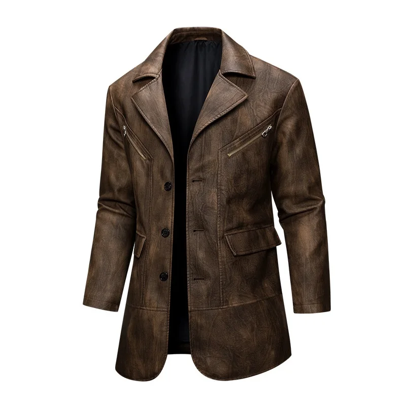 

Mens Suits New Men's PU Leather Jacket Suits Lapel Jacket Windbreaker Men Casual Retro Long PU Leather Coat for Spring Autumn