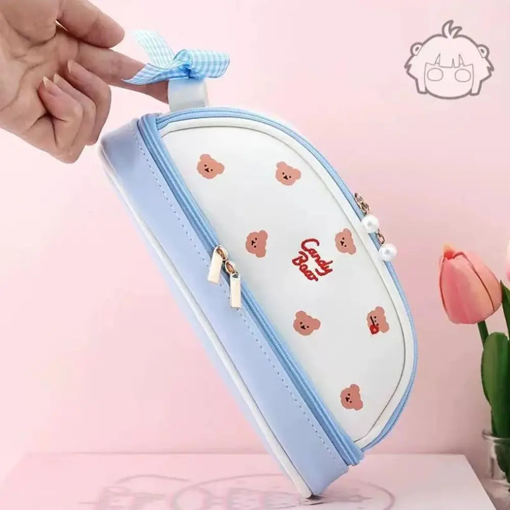 Imagem -05 - Cartoon Bear pu Lápis de Couro para Meninas Sorriso Cherry Stationery Bolsa Double Layer Pen Pouch Morango Bonito