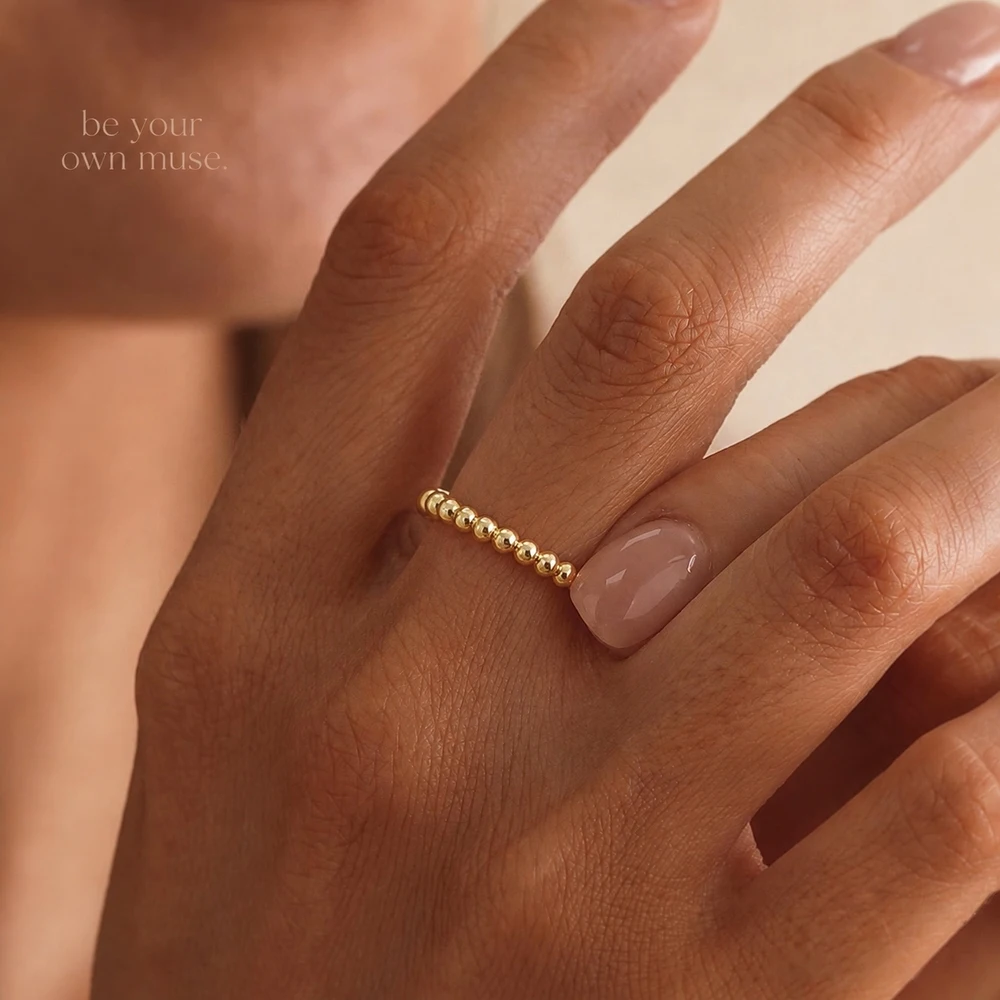 1pc Golden Beaded Ball Cocktail Ring with Alternating Large and Small Round Beads Trendy Unisex Statement Design
