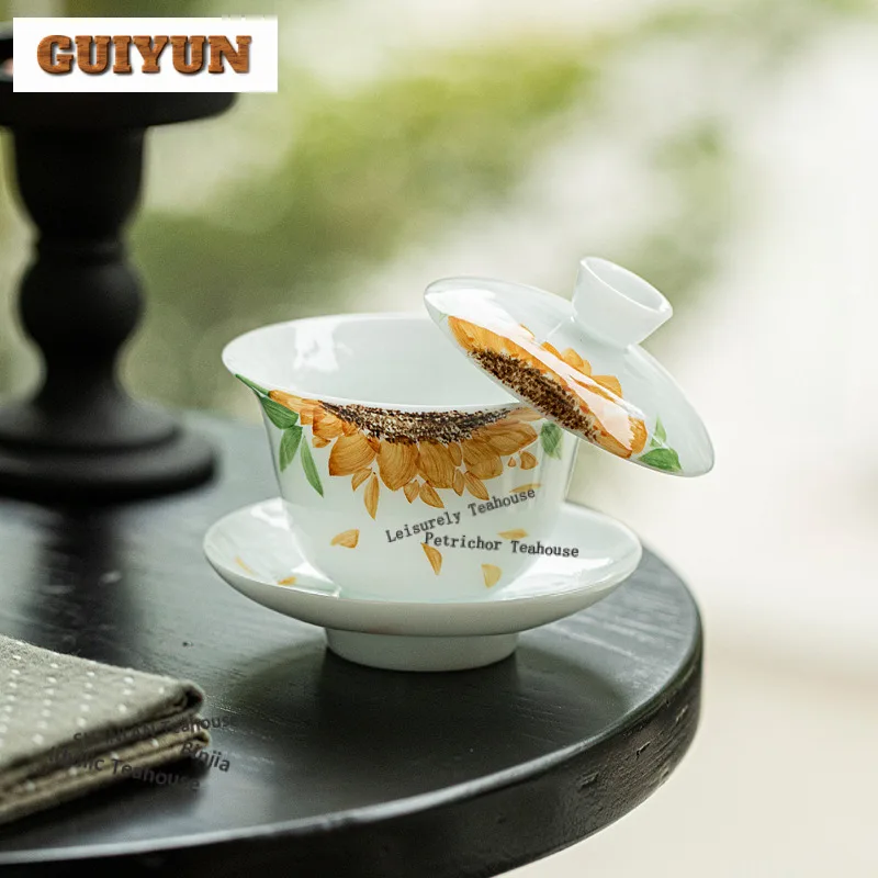 

120 мл ручная роспись подсолнуха Гаявань креативная чайная варенька бытовая чайная миска с крышкой комплект чайник крышка чаша предмети для чая ремесло