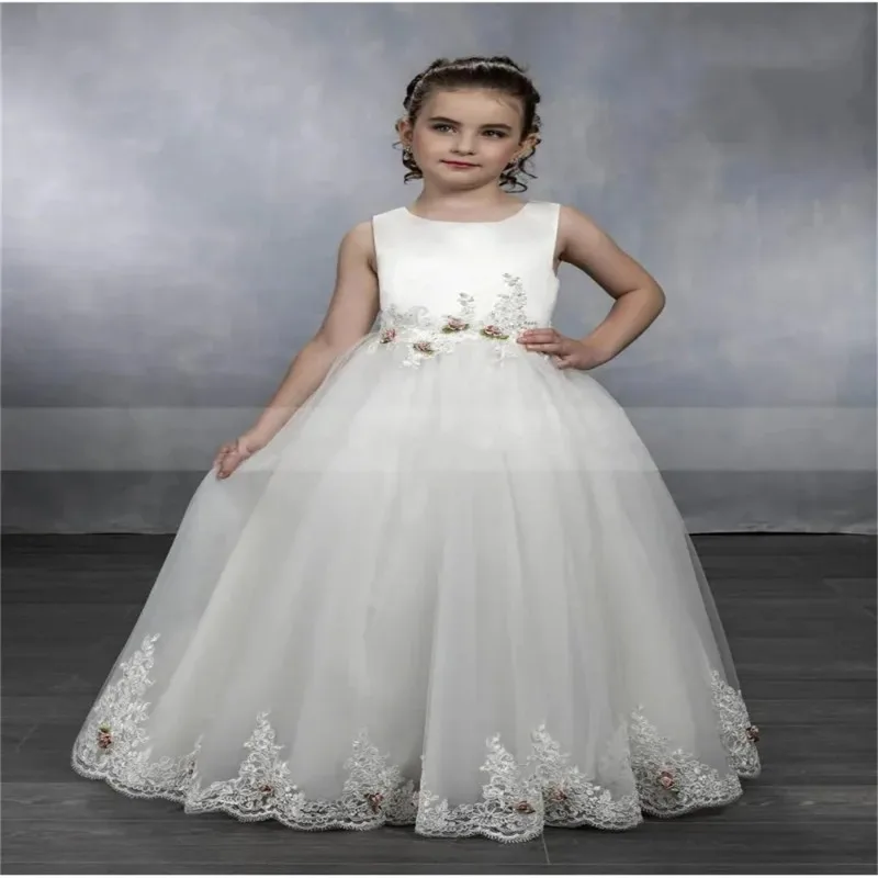 Vestido de tule branco fofo para meninas, decalque 3D com renda, sem mangas, casamento, elegante, primeira comunhão, vestido de festa