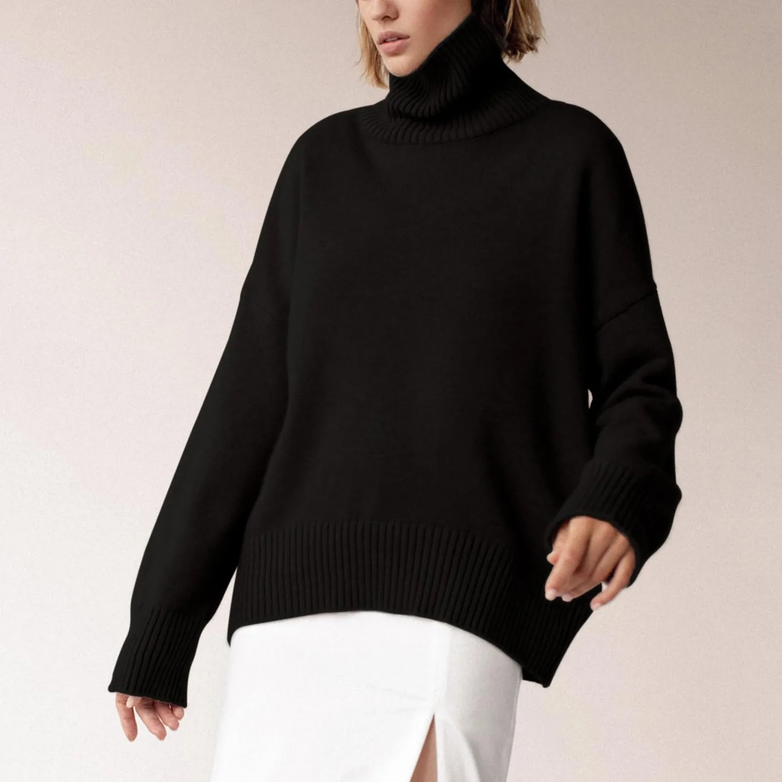 

Women's Long High Neck Jumper New Hot Sale Solid Colour Pit Stripe Knitting Autumn And Winter Thin Section Pullover Jumper