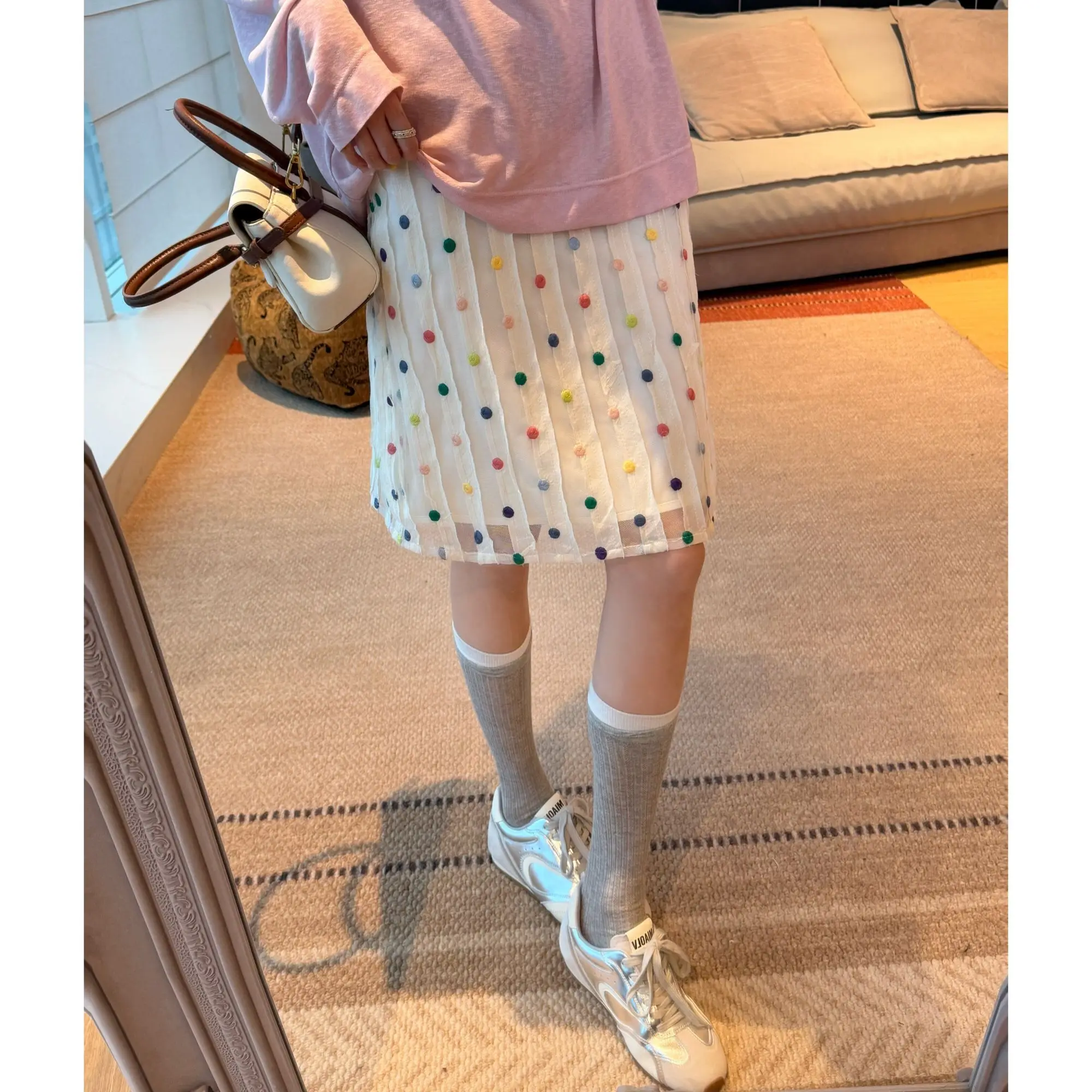 Color Polka Dot Skirt Summer New Hollow Mesh Design Straight Skirt Short Skirt