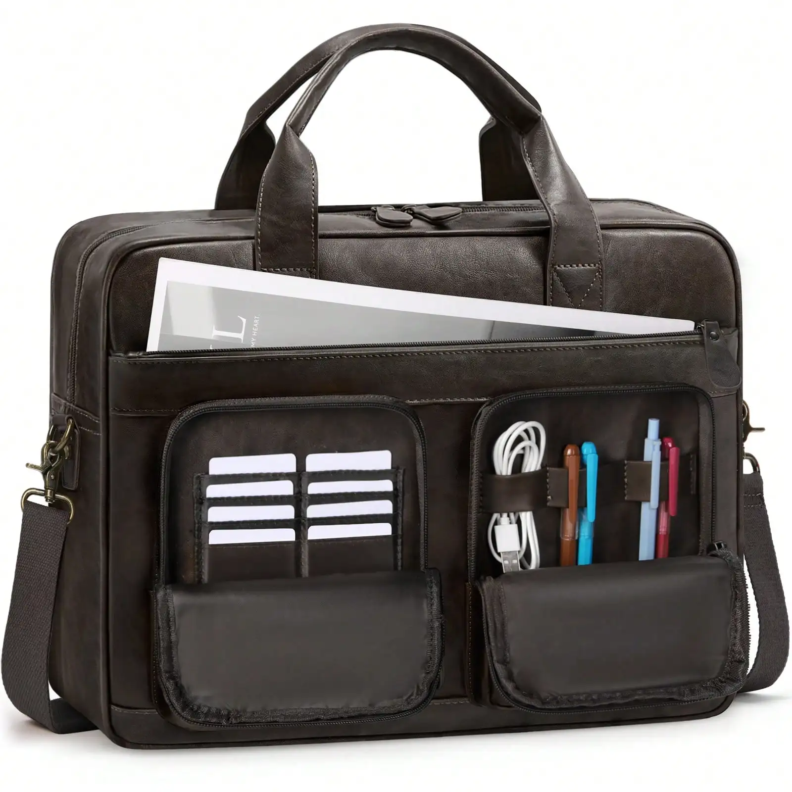 

Vintage Messenger Bag For Men PU Vegan Leather Computer Laptop Bag 15.6 Inch Waterproof Briefcases For Men Retro Mens Briefcase Satchel Bag For Work Office Business Travel
