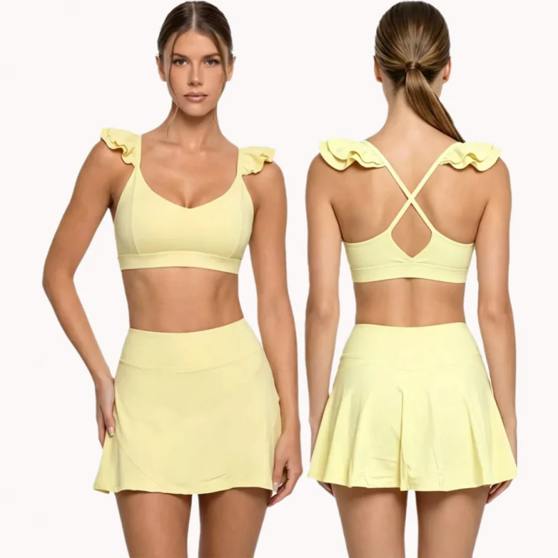 Women's Yoga Outfit For Outdoor Vacation Women Outfits Yoga Bra Anti-exposure A Short Skirt Yellow Workout Set Female Clothing