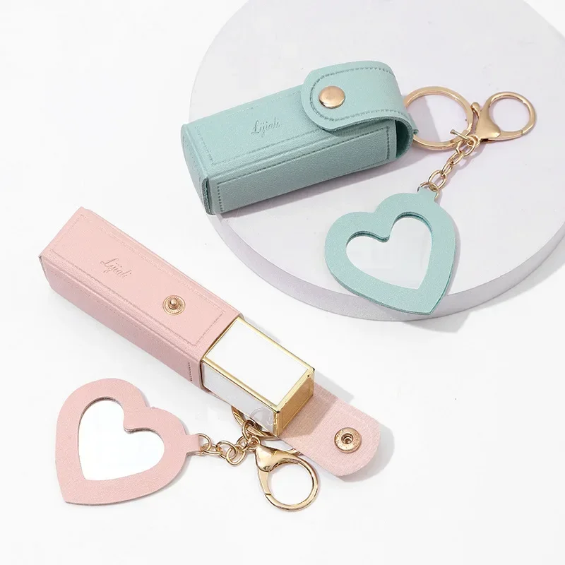 Custom Logo Portable Mirror Lipstick Bag Leather Keychain for Women Laser Engrave Heart Key Chain Ring Personalize Name Keyring