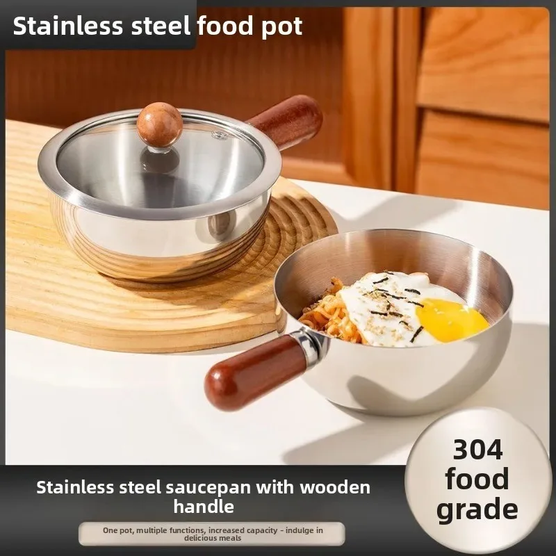 Novo Mini Panela de 14cm para Camping, Dormitório e Cozinha, Panela de Aço Inoxidável com Cabo de Madeira, Utensílio de Cozinha Portátil