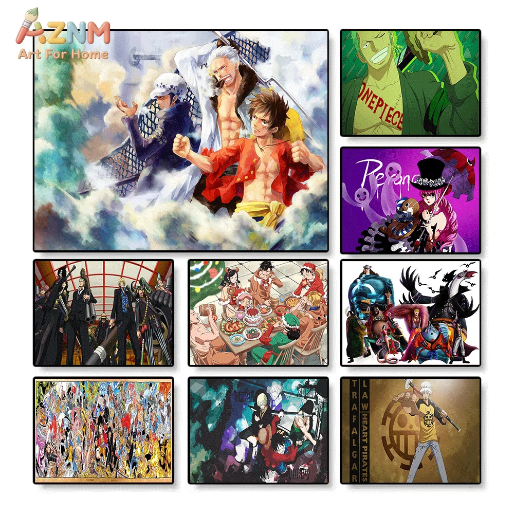 AZNM Lienzo Decorativo de Anime One Piece, Luffy, Law, Smoker, Zoro, Perona, Trafalgar, Heart Pirates Crew, Impresión HD, Lienzo sin Marco