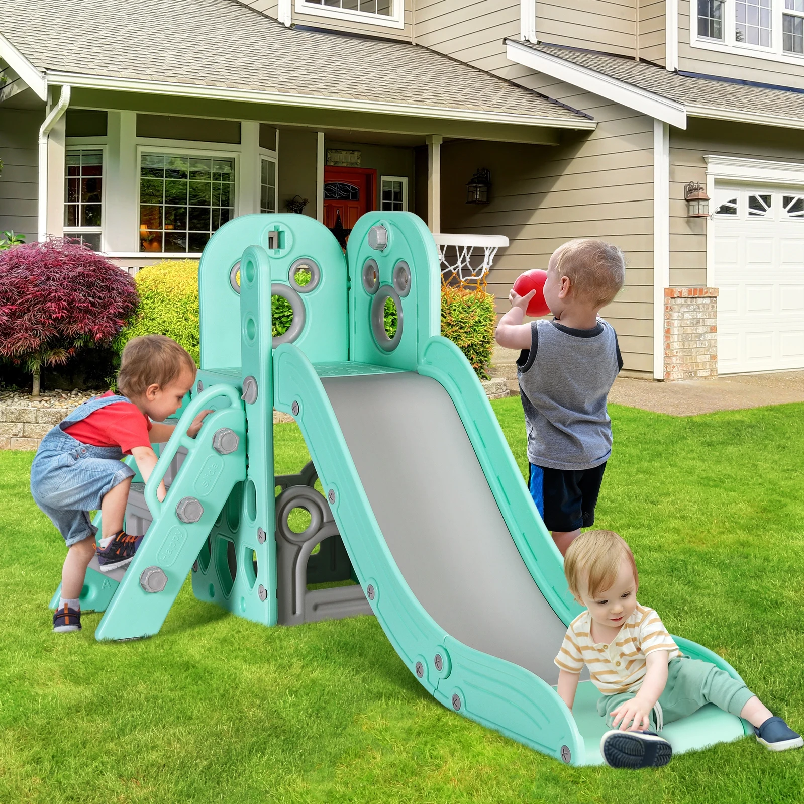 Children's Slide, Indoor Outdoor Slide Climber Playset Slide with Basketball Hoop and Storage Space for Kids Garden Backyard Toy