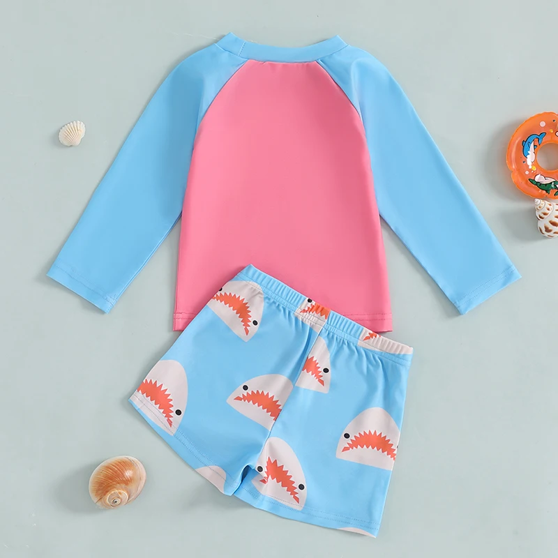 Toddler Boy Rash Guard Swimsuit Set Shark Print Long Sleeve Round Neck Tops with Shorts