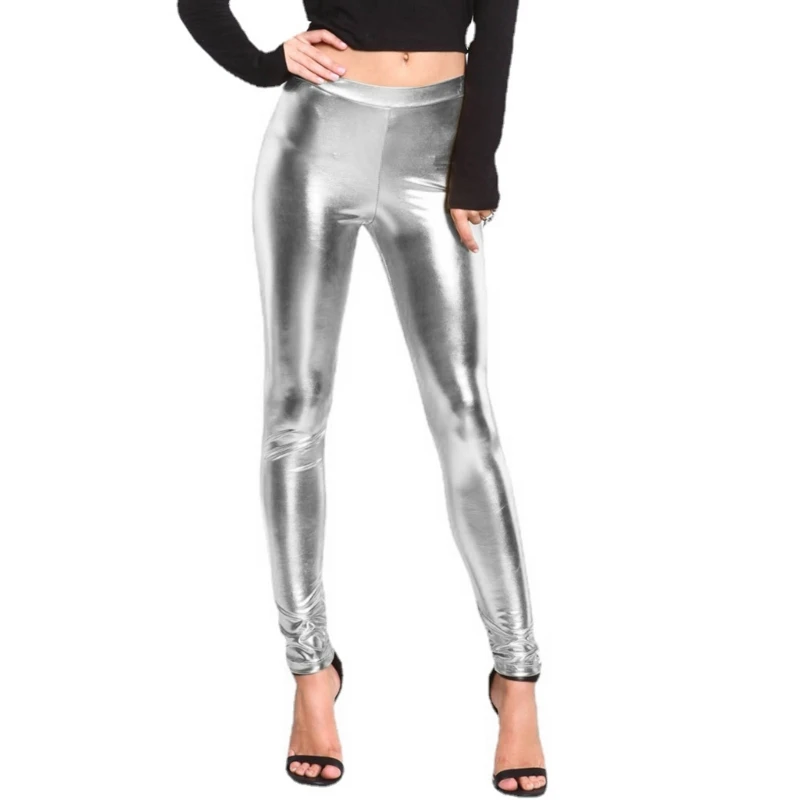 PU Faux Leather Leggings for Women Glitter Bright Metallic Gold Silver Trousers Sexy Shining Punk Pencil Pants