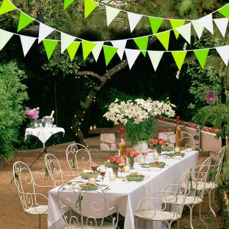 10M/32Ft Green White Banner Party Decorations Triangle Flag Fabric Banner Pennant Bunting for Home Nursery Outdoor Garden Decor