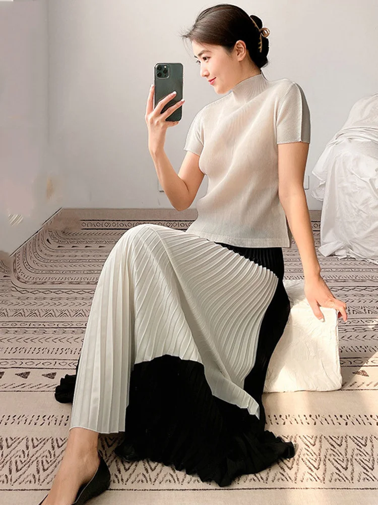 LANMREM Pleated Loose Skirts For Womem Color Block High Elastic Waist Irregular Elegant Skirt Female Elegant Clothing 2D1573