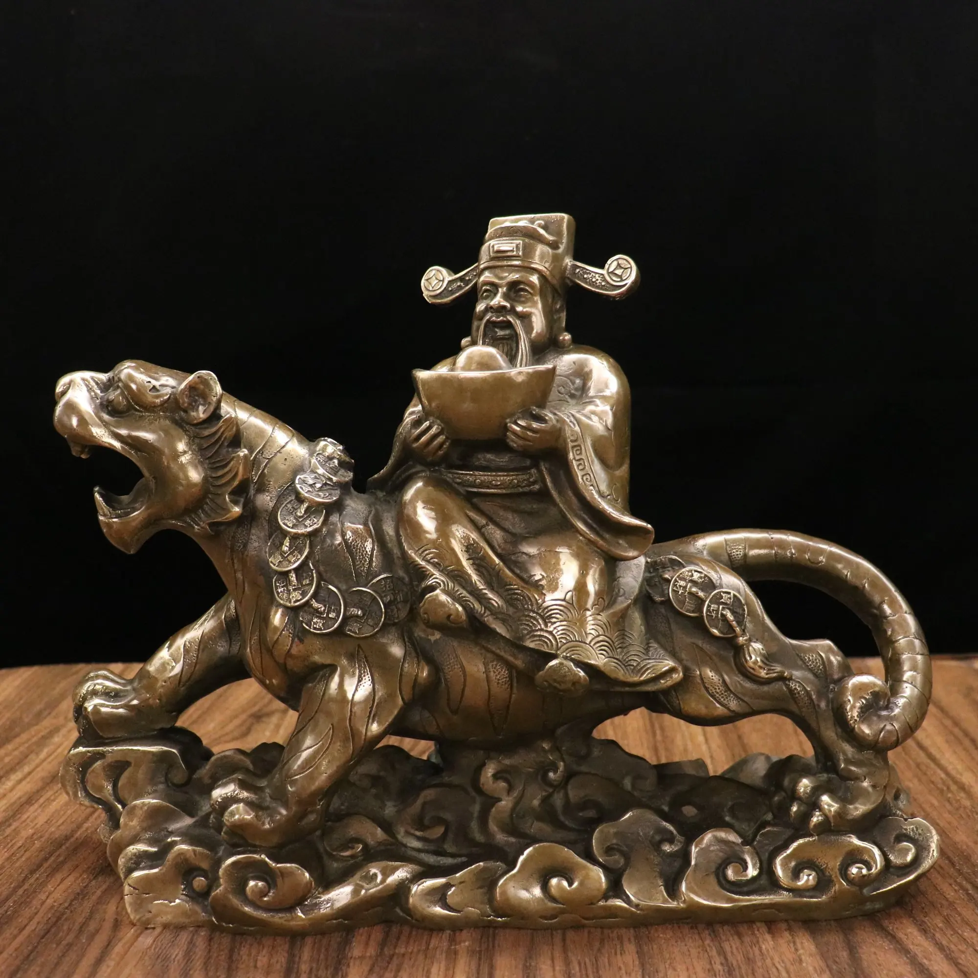 15"Tibetan Temple Collection Old Bronze Patina Ingots God of Wealth Ride Tiger Statue Gather fortune Town house Exorcism