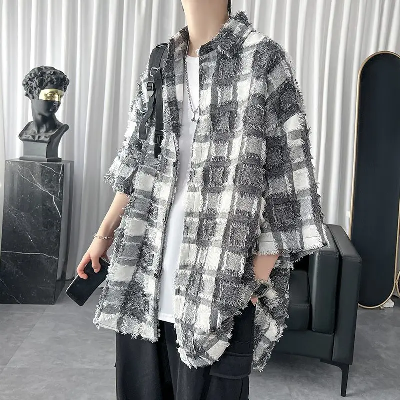 Summer Fashion Polo-neck Vintage Plaid Tassel Printing Shirt Male Half Sleeve Loose Casual Harajuku Y2K Cardigan Top Men Blouse