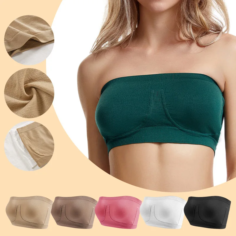 Women Ladies Plus Size Seamless Strapless Bra Wrap Chest Green Color Push Up Invisible Bandeau Bra Soft Comfortable Underwear