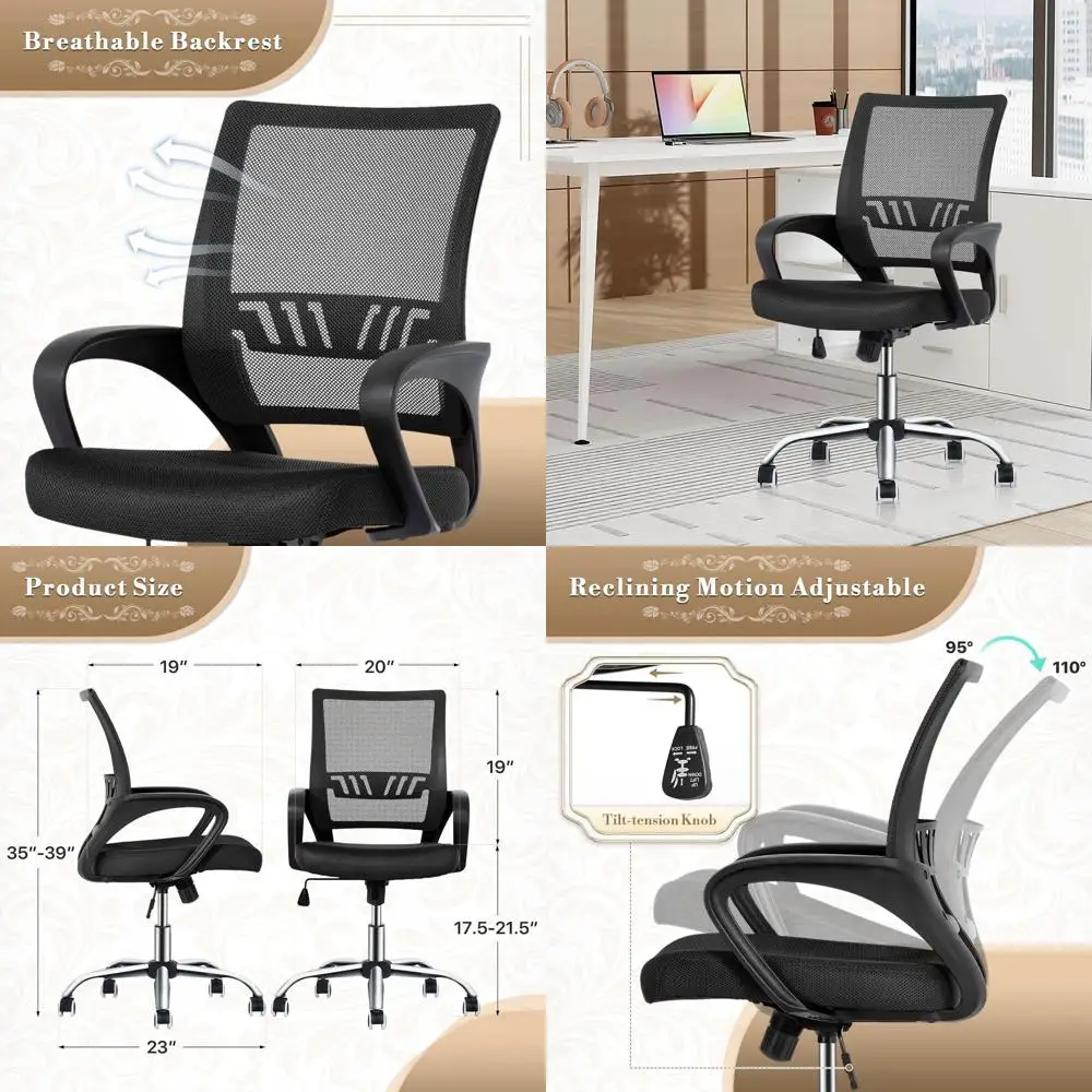 

Ergonomic Swivel Mesh Chair with Lumbar Support for Home Office, Heavy Duty Reclining Desk Chair in Black