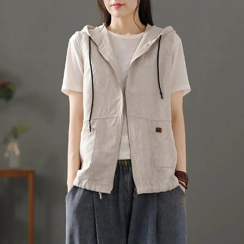 

Spring Autumn Fashion Retro Hooded Linen Vest Jacket Women's Casual Loose Patchwork Short Sleeveless Vest Coat Female Outerwear