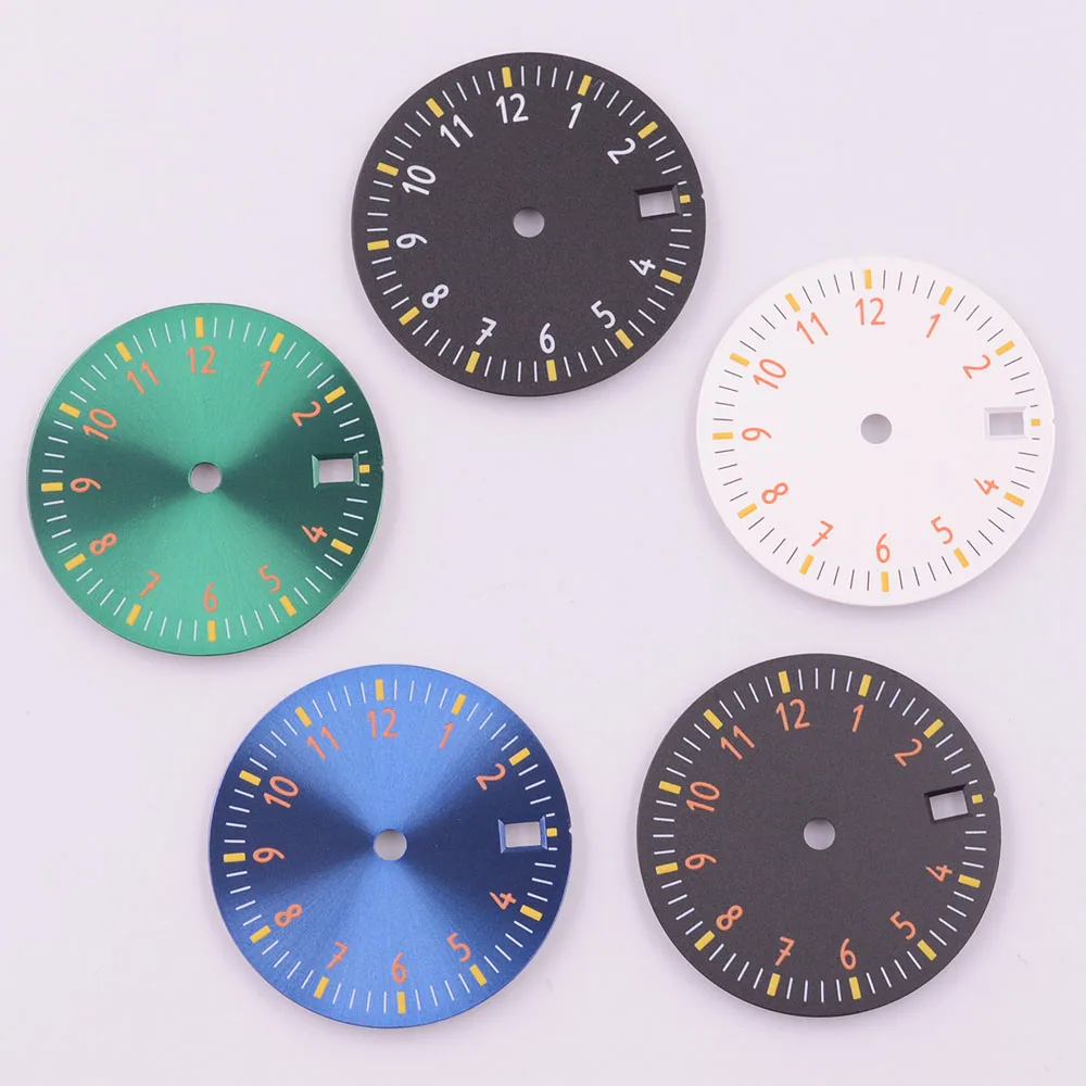 

29 мм зеленый светящийся черный, белый, синий, зеленый стерильный циферблат для часов, подходит для механизма NH35, подходит для заводной головки на 3 часа, заводная головка на 3,8 часа