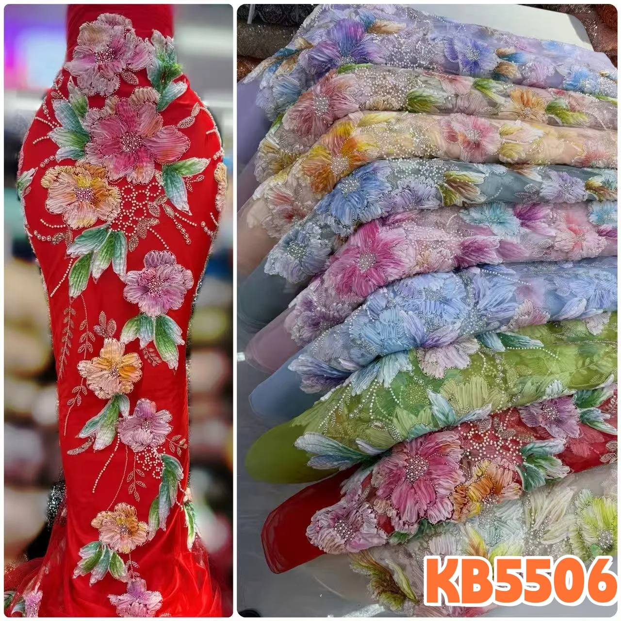 

Luxury French Tulle Lace Fabric 5 Yards Nigerian High Quality African Beaded Sequins Lace Fabric For Women Dress Sewing KB5506
