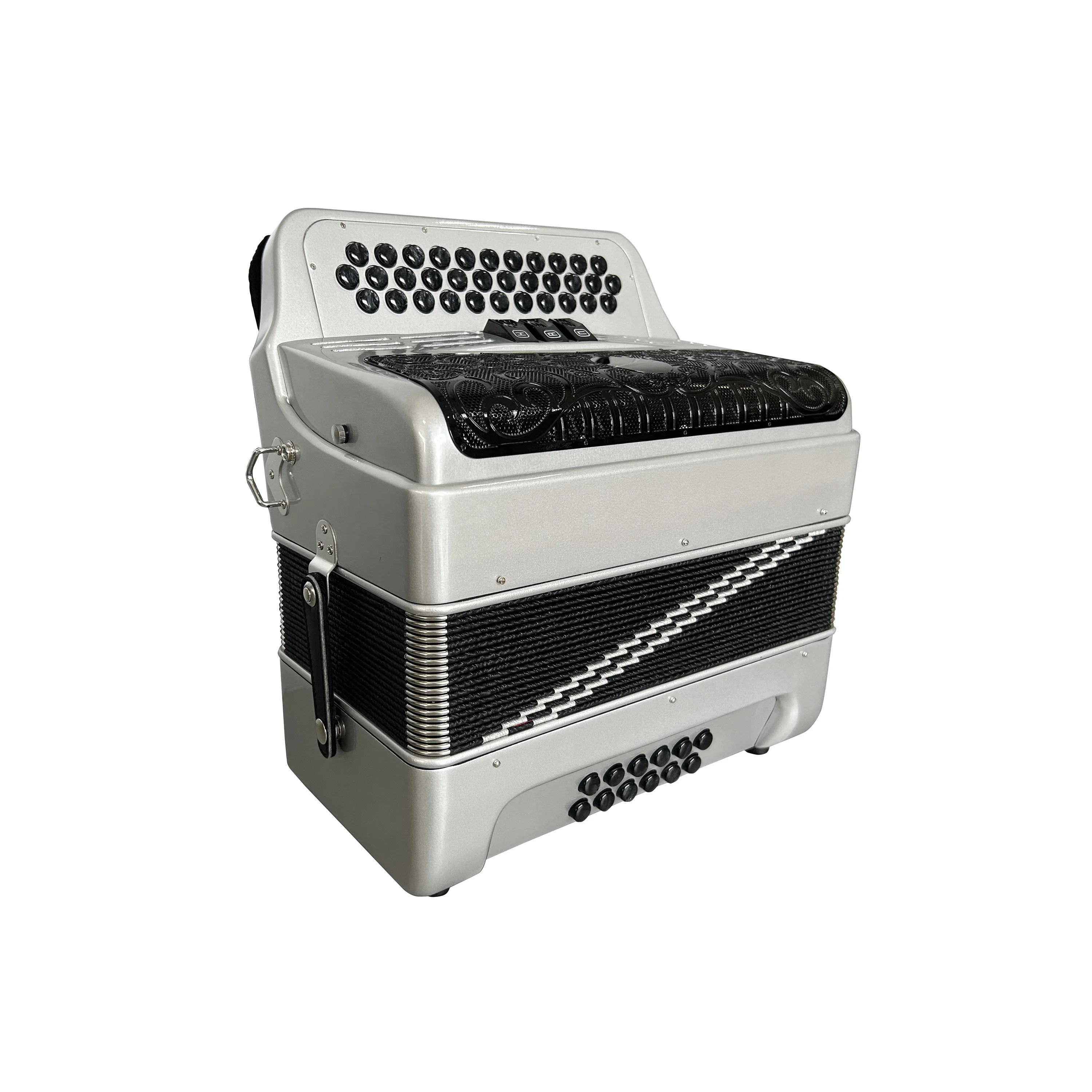 Профессиональный музыкальный аккордеон JB3412C с 34 кнопками, 12 басами и 3 регистрами серебристого и черного цвета, черные кнопки и гриль