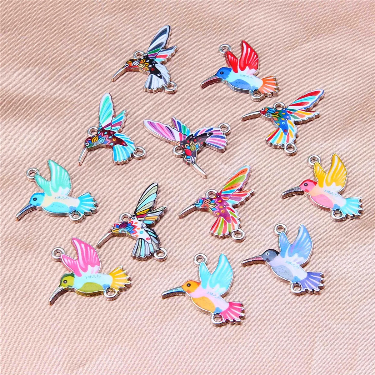 10pcs Painted Colorful Pigeon Little Hummingbird Double Hanging Connector Pendant DIY Oil Drop Making Bracelet Accessories