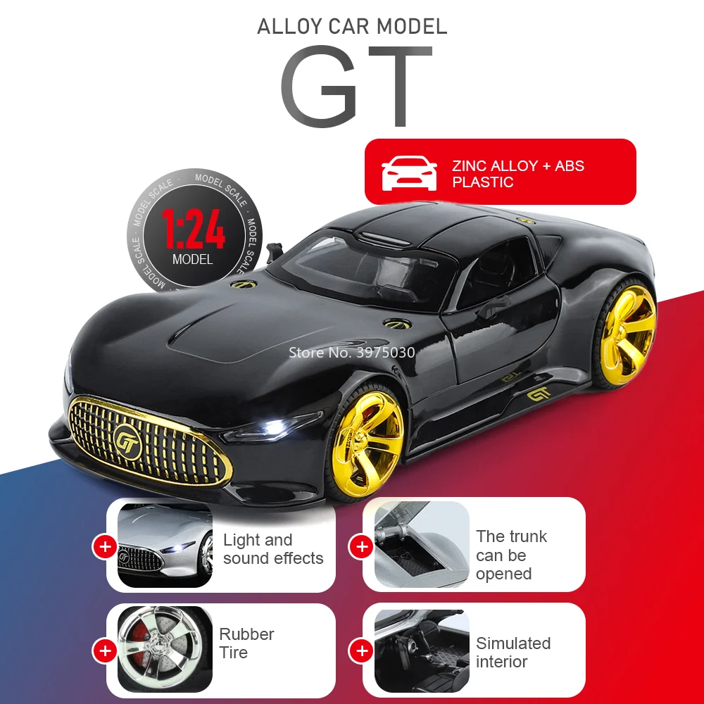 

1:24 GT Sport Car Miniature Model Alloy Diecast Toy Doors Opened with Sound Light Shock Absorption Vehices Surprise Gift for Kid