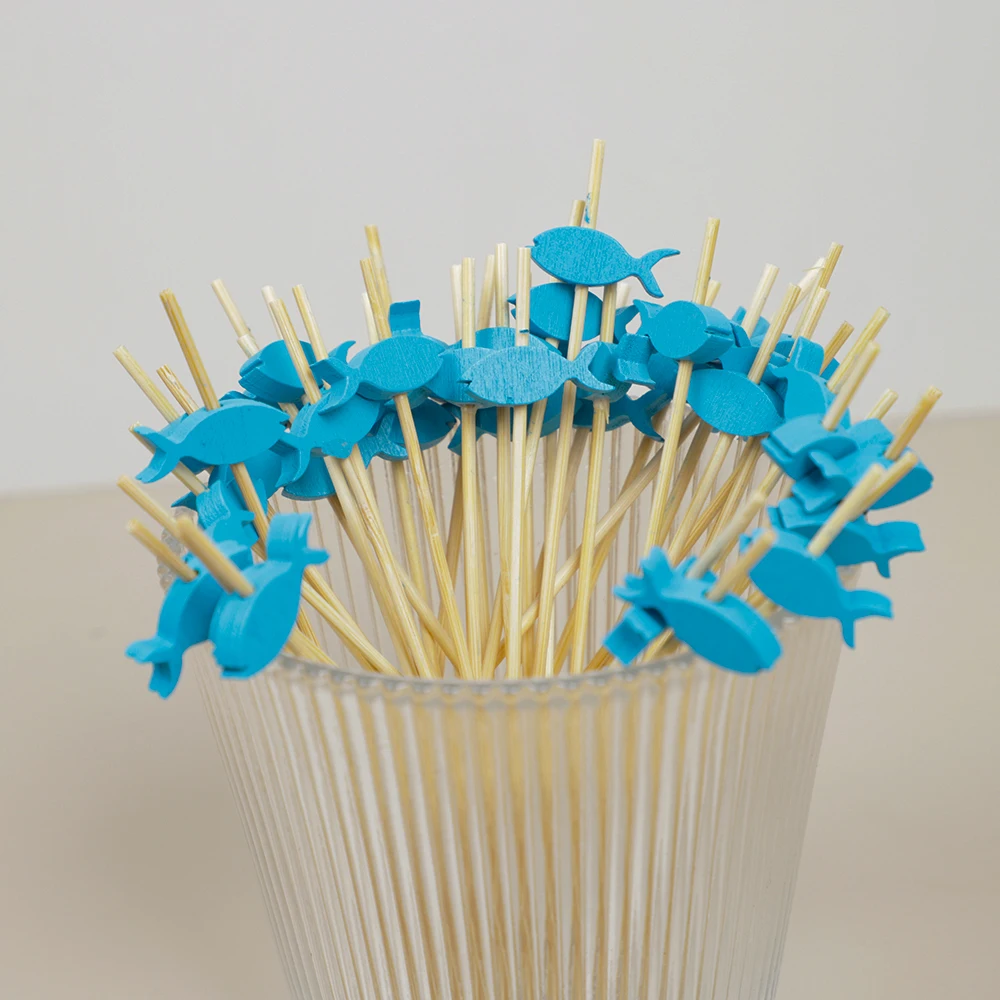 100 pçs peixe azul picaretas de comida de bambu buffet sobremesa garfo de frutas para crianças aniversário chá de bebê casamento aposentadoria festa decoração