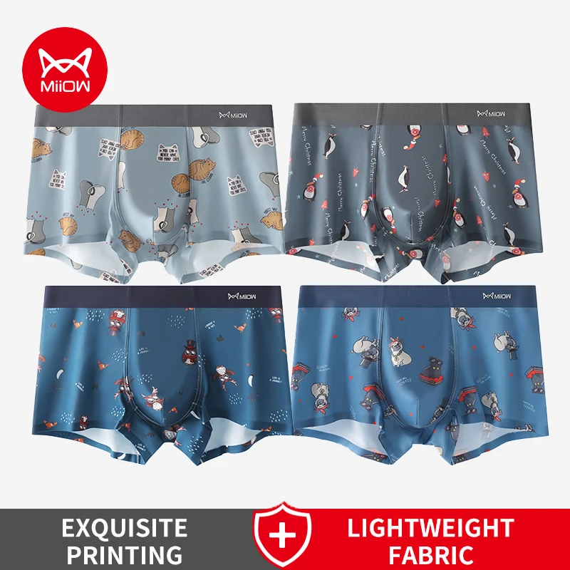 MiiOW 4Pcs Boxer Briefs Man Cotton Underwear Funny Animal Print Men's Panties Antibacterial Breathable Underpants Male Boxers