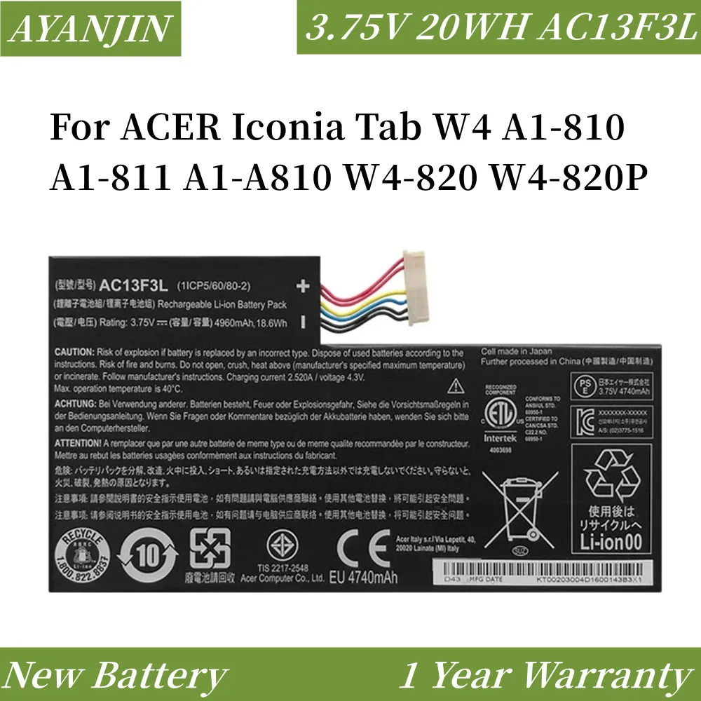 

AC13F8L AC13F3L 3.75V 20WH/5340mAh Tablet Battery For ACER Iconia Tab W4 A1-810 A1-811 A1-A810 W4-820 W4-820P