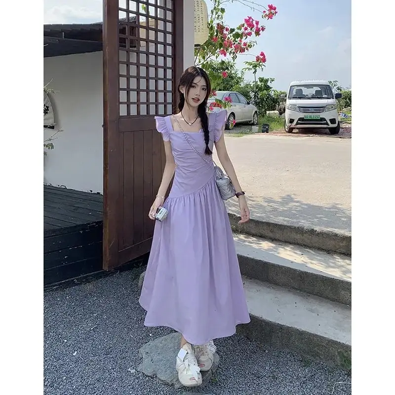 

2024 Summer New Girls' Feeling, Age Reducing Flying Sleeves Dress Women's Waist Tight Slim and Elegant Long Dress