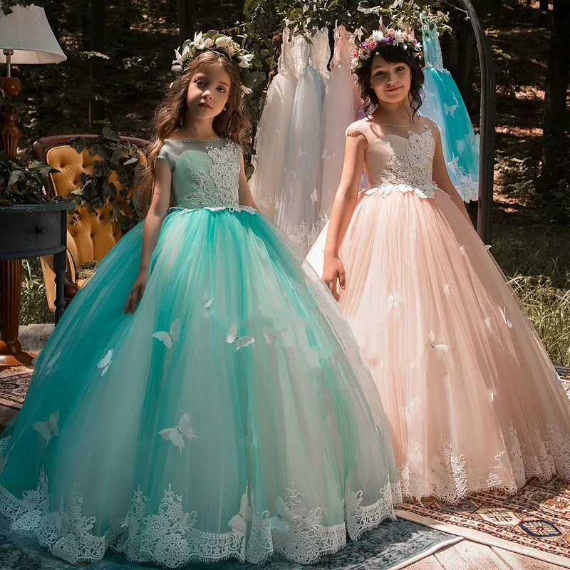 

Flower Girl Wedding Dresses New Blue Princess Dress Butterfly Gowns Long Short Sleeve Lace Graduation Evening Gown Customized