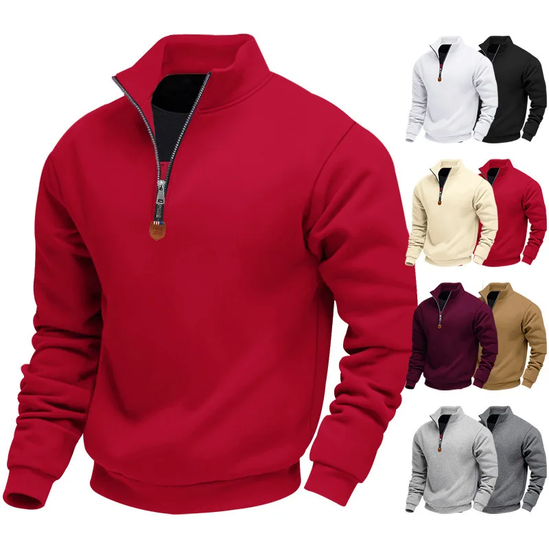 

Мужская осенне-зимняя флисовая тяжелая толстовка, однотонный повседневный пуловер с воротником-стойкой и длинными рукавами на молнии, толстовка