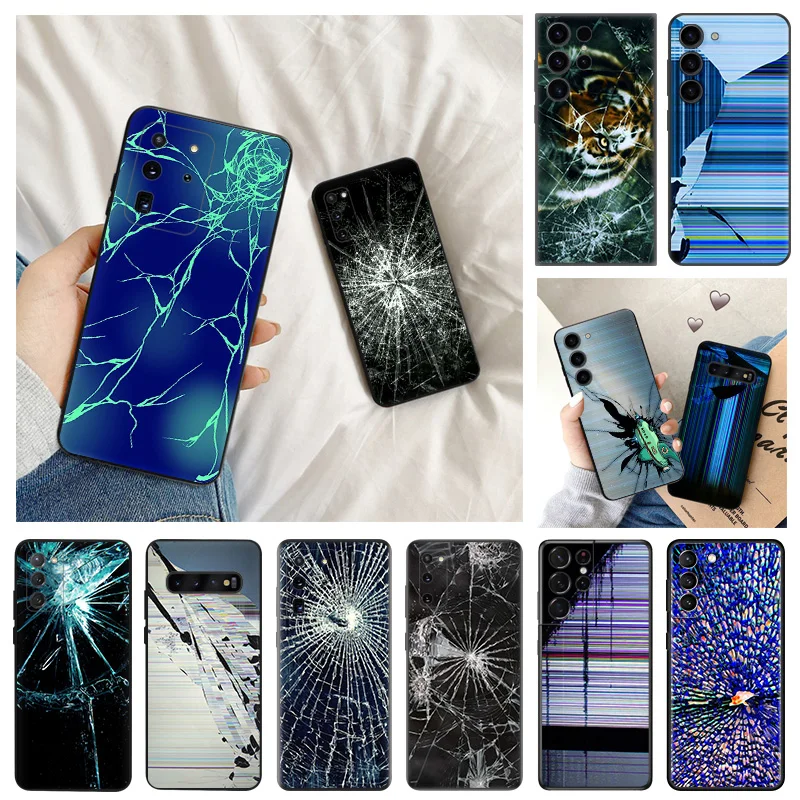 Phone Cases For Samsung S24 Plus Note20 Ultra S23 FE S22 S21 S20 Cracked Screen Blue Green Art Galaxy S10 Soft Shell Case Cover