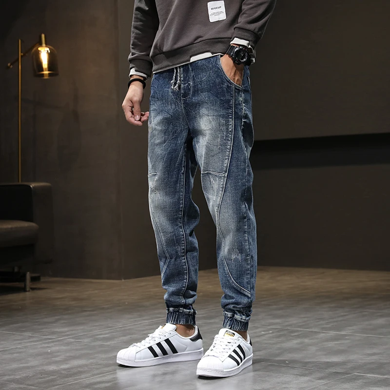 Street Fashion Männer Jeans Retro gewaschen blau Stretch Slim Fit zerrissene Jeans gespleißt Designer Hip Hop Denim Cargo hose Männer Jogger