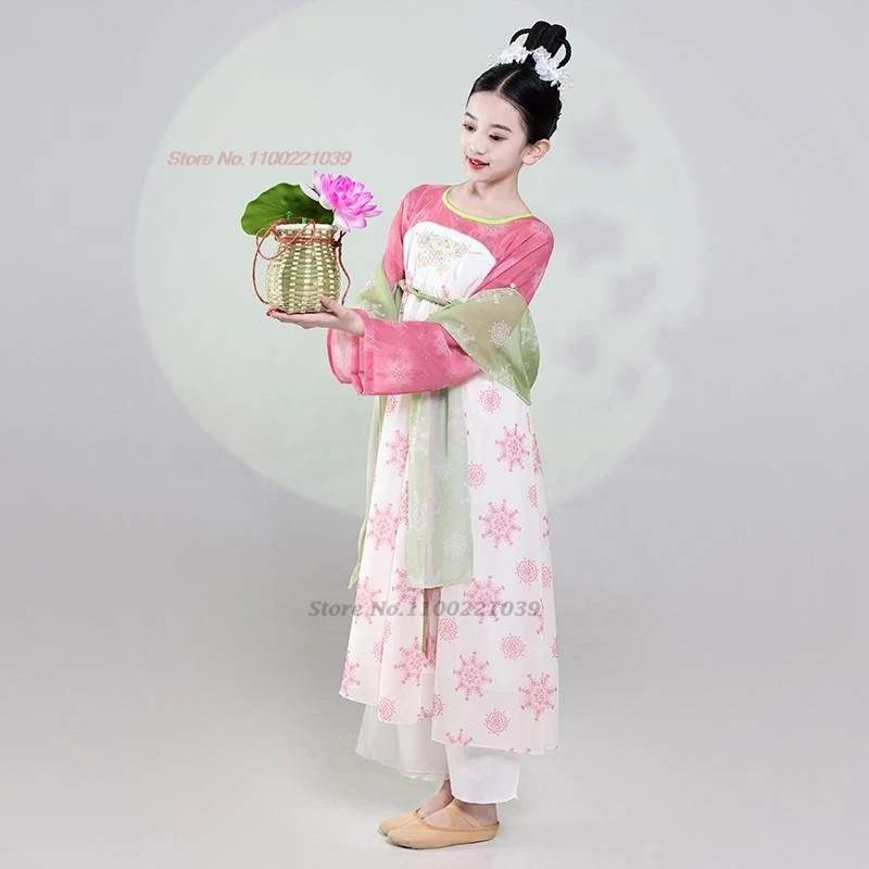 2025年中国風ヴィンテージ子供民族舞踊ドレス民族花柄プリントシフォン漢服ドレス+パンツセットステージパフォーマンスダンスドレス