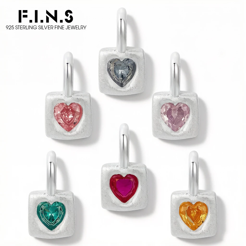 F.I.N.S Original Heart-Shaped Pendant Real S925 Sterling Silver Textured Colorful Zircon DIY Stackable Square Charms Fine Jewels