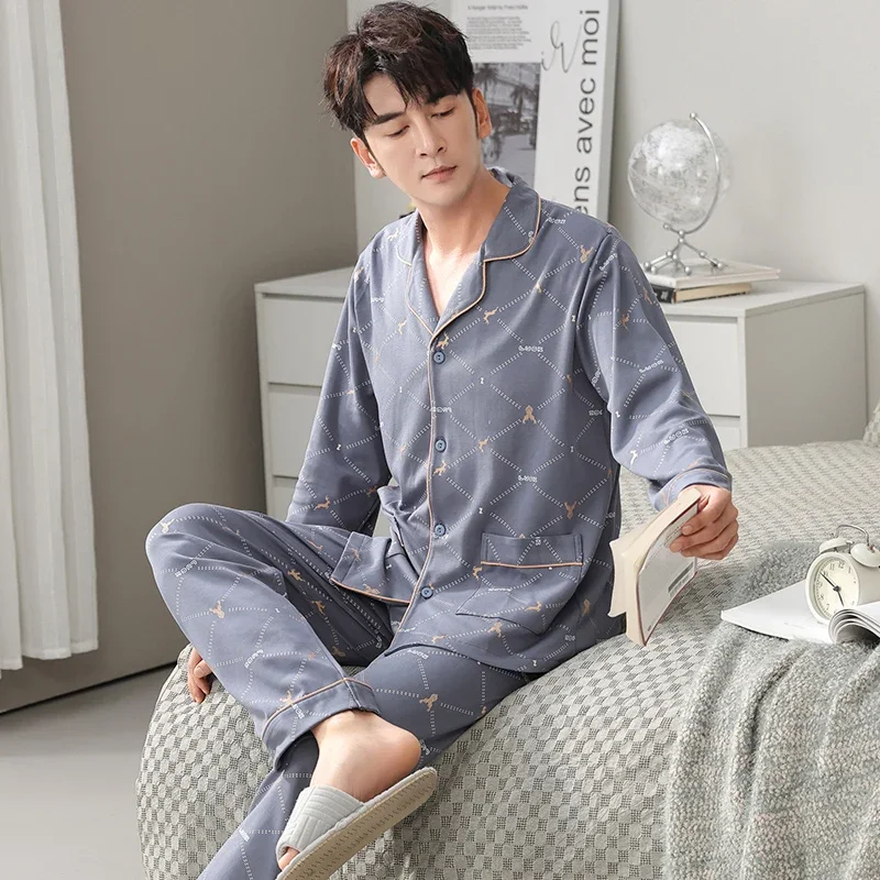 Business Men Nightwear Leisure Cardigan Sleepwear for Gentleman Mens Lounge Wear Autumn Spring Soft Cotton Pajamas Set for Man