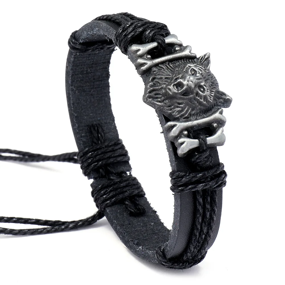 Vintage Woven Leather Bracelet Bracelet Cord Alloy Wolf Head Cowhide Bracelet